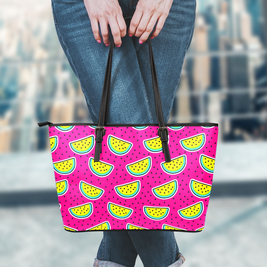 Purple Fancy Watermelon Pattern Print Leather Tote Bag