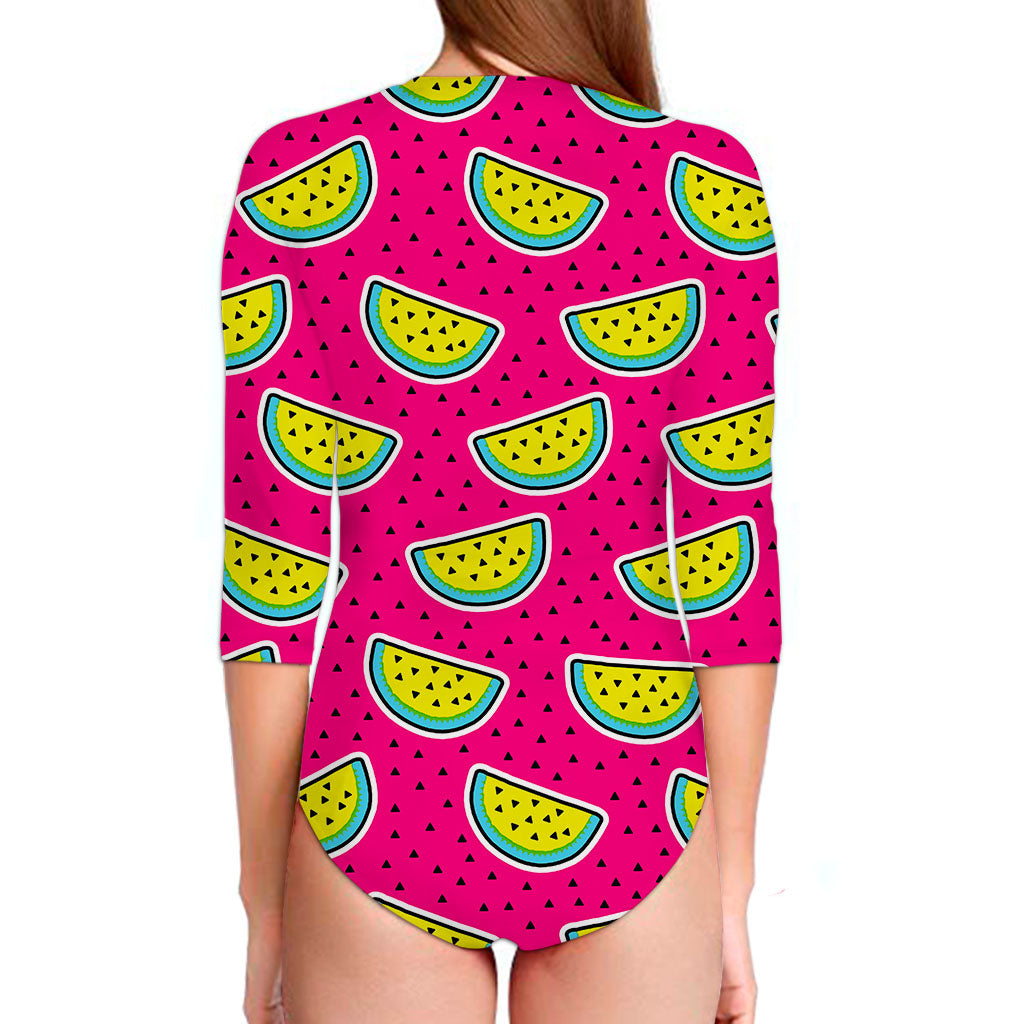 Purple Fancy Watermelon Pattern Print Long Sleeve Swimsuit