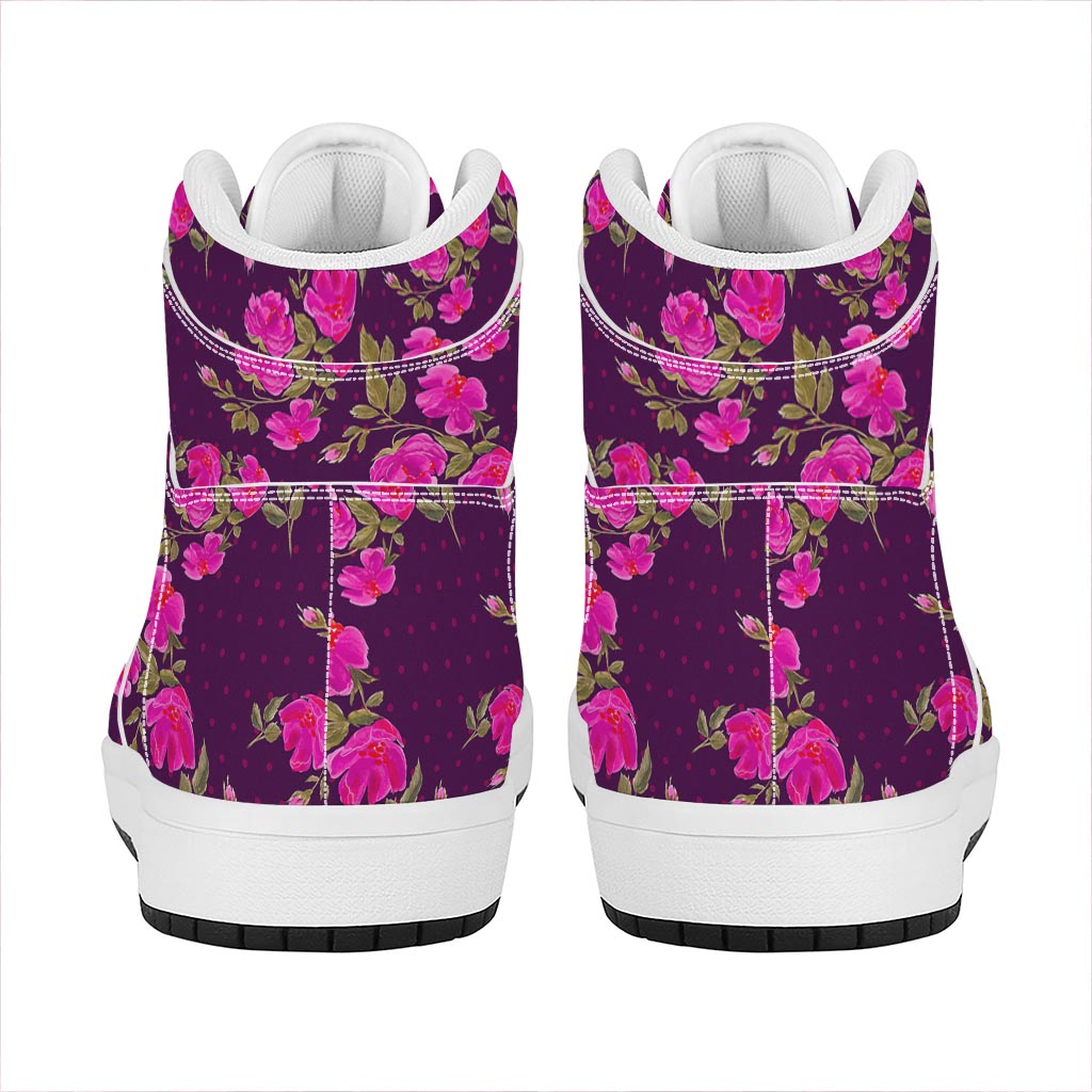 Purple Floral Flower Pattern Print High Top Leather Sneakers
