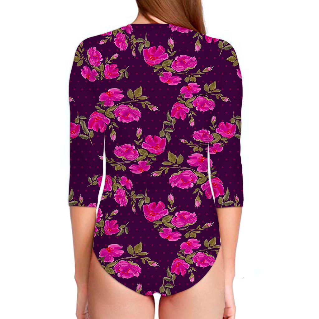 Purple Floral Flower Pattern Print Long Sleeve Swimsuit
