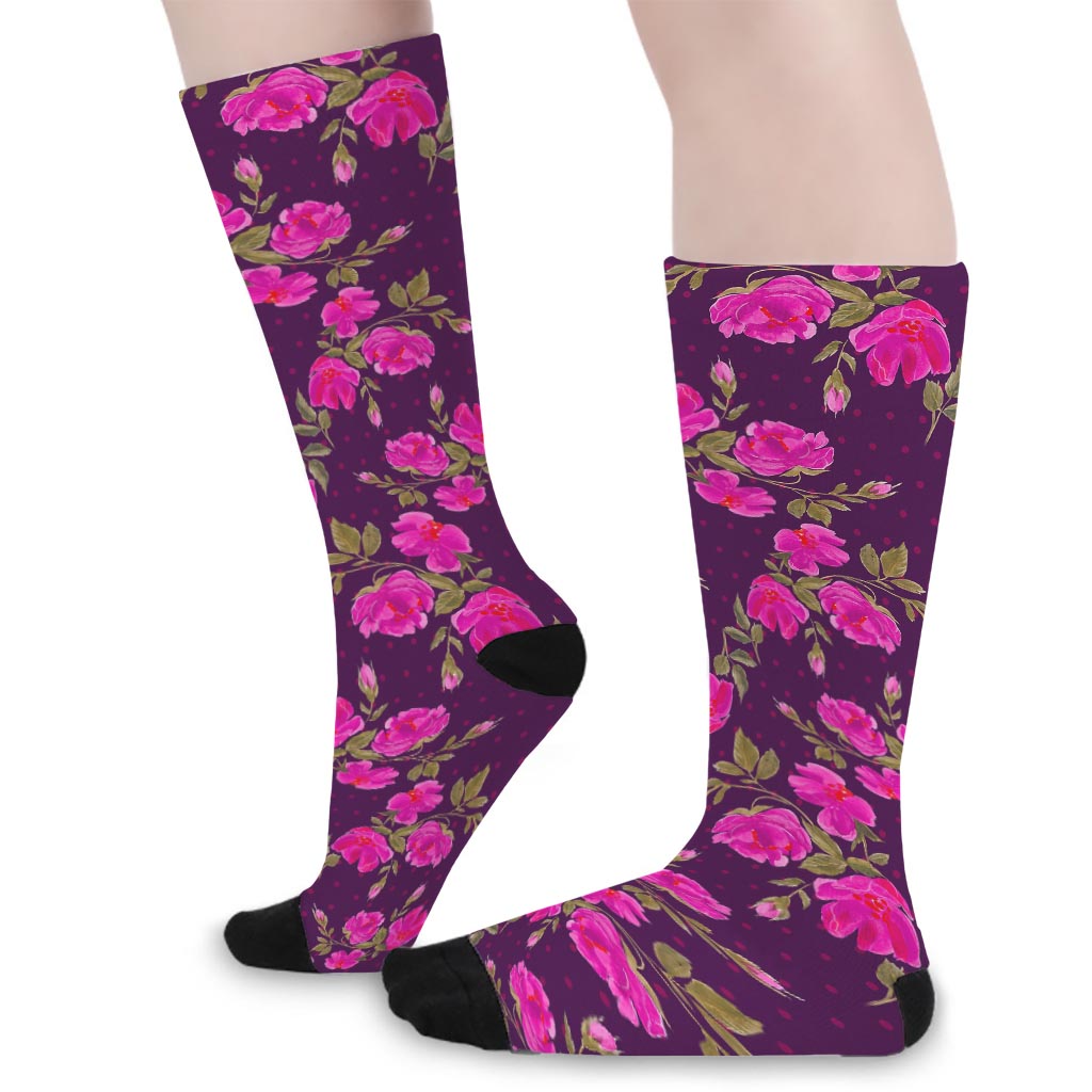 Purple Floral Flower Pattern Print Long Socks
