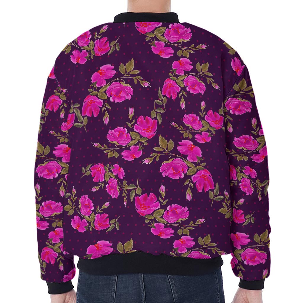 Purple Floral Flower Pattern Print Zip Sleeve Bomber Jacket