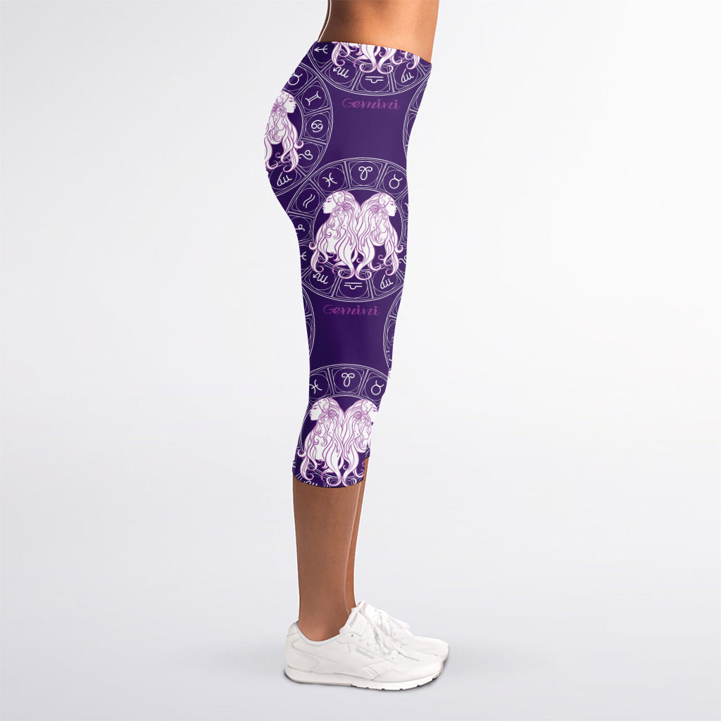 Purple Gemini Zodiac Pattern Print Women's Capri Leggings