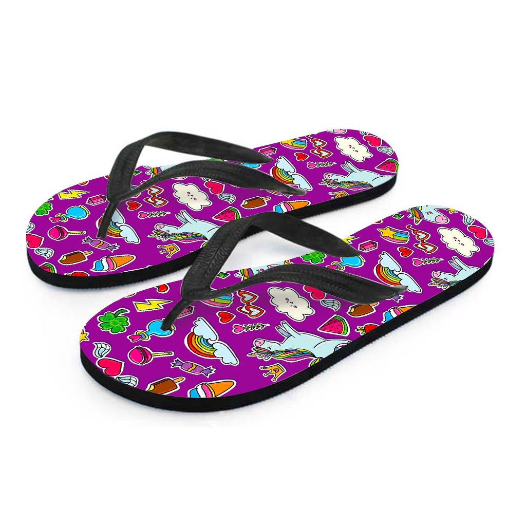 Purple Girly Unicorn Pattern Print Flip Flops