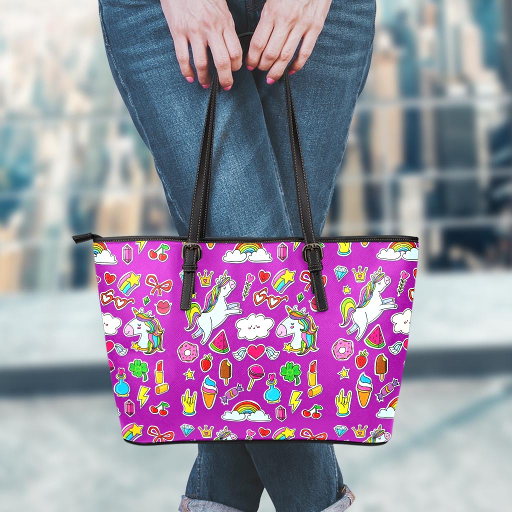 Purple Girly Unicorn Pattern Print Leather Tote Bag