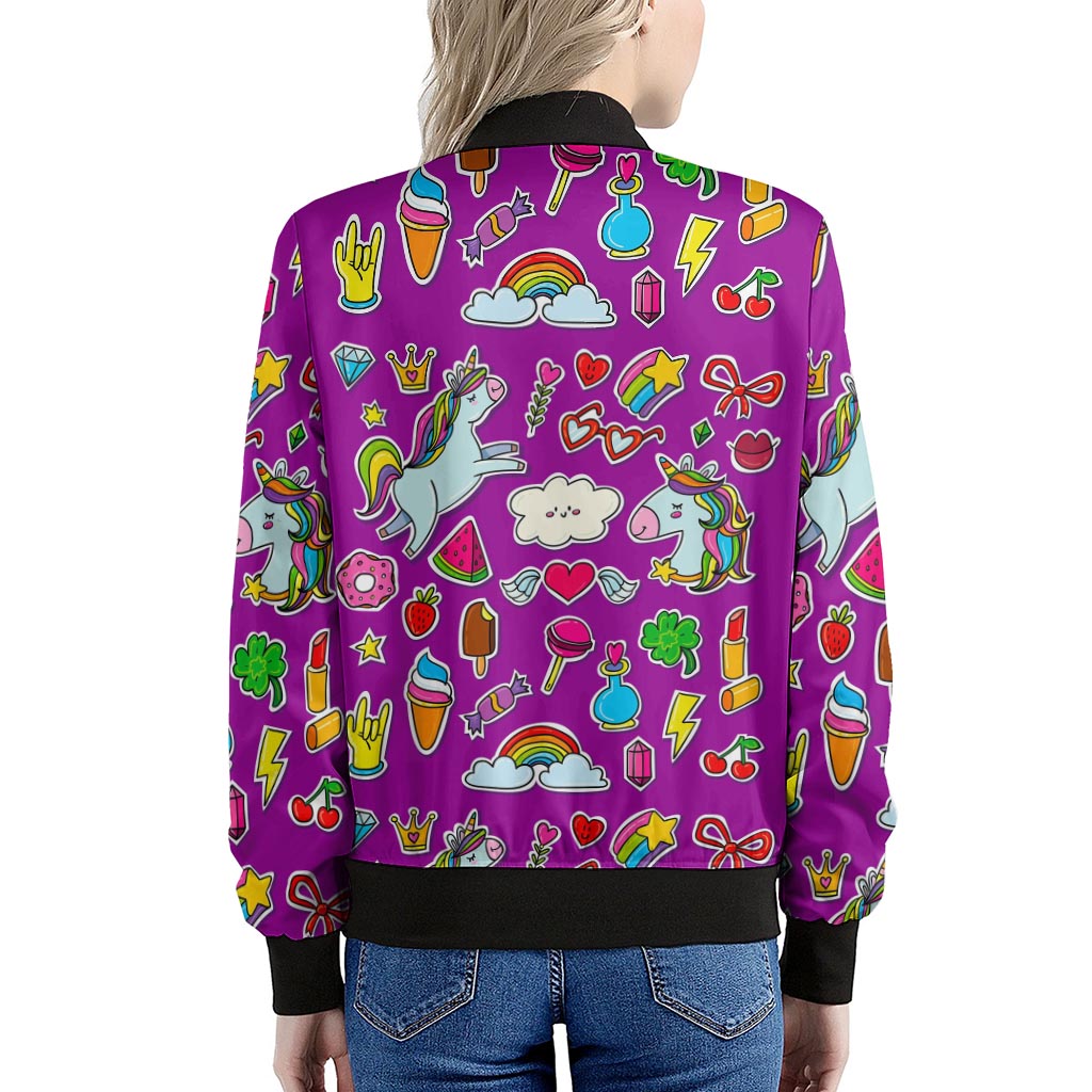 Purple Girly Unicorn Pattern Print Women's Bomber Jacket