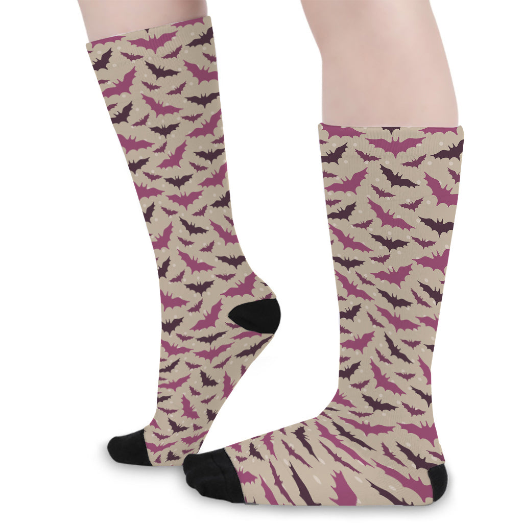Purple Halloween Bat Pattern Print Long Socks