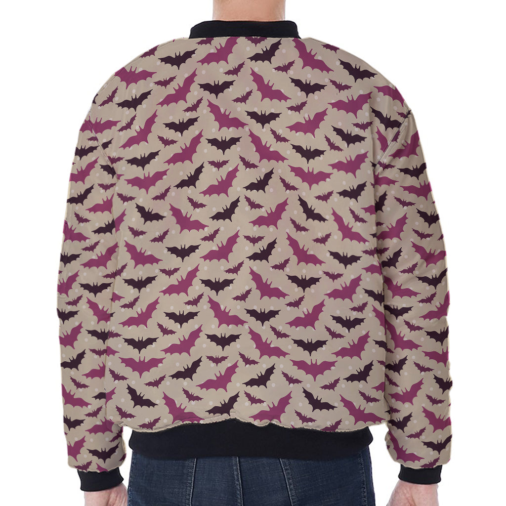 Purple Halloween Bat Pattern Print Zip Sleeve Bomber Jacket