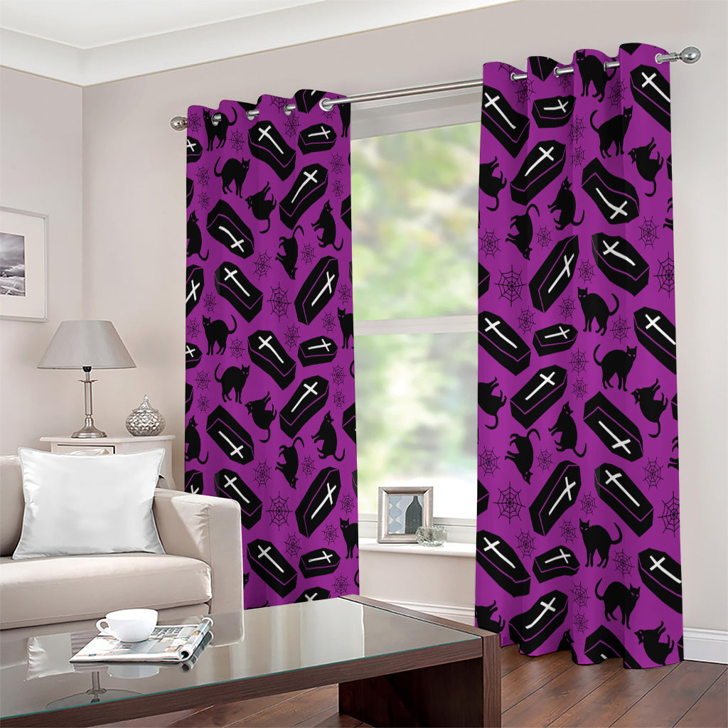 Purple Halloween Coffin Pattern Print Extra Wide Grommet Curtains