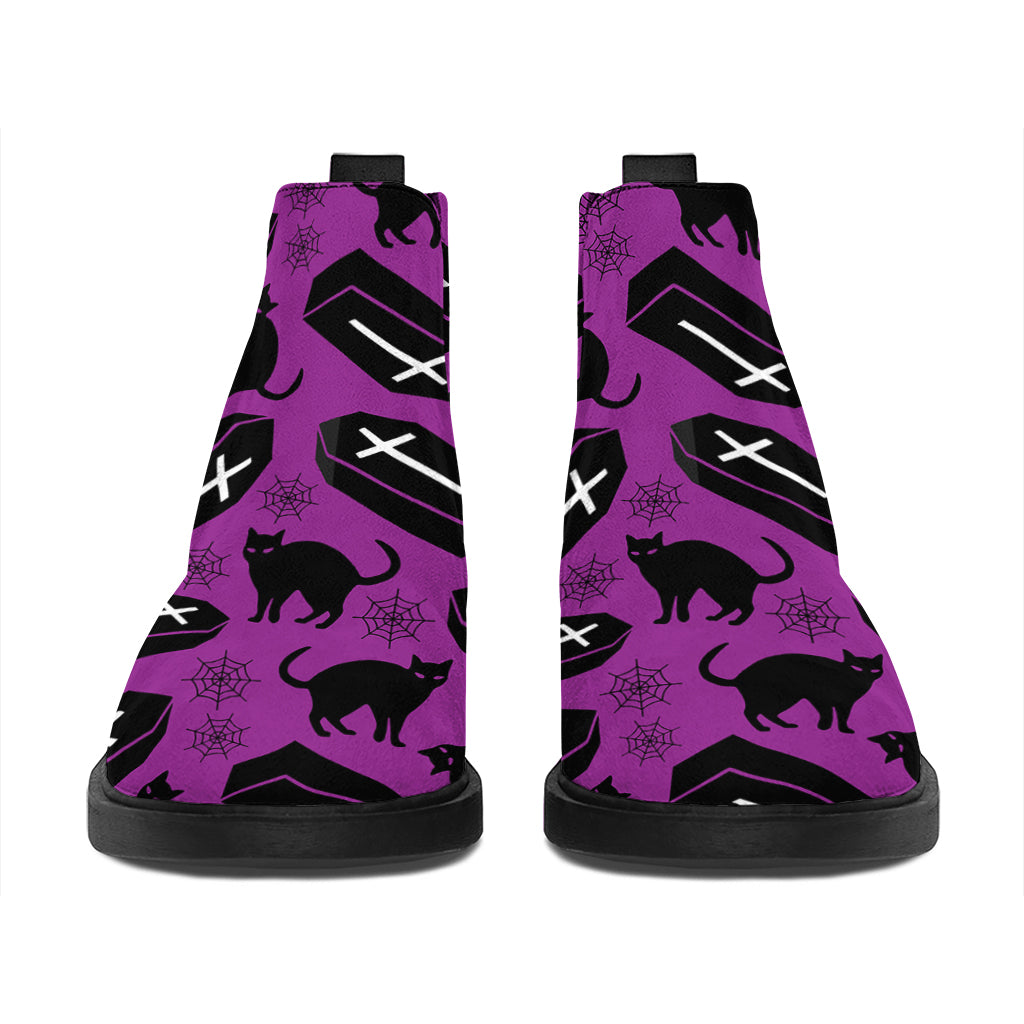 Purple Halloween Coffin Pattern Print Flat Ankle Boots