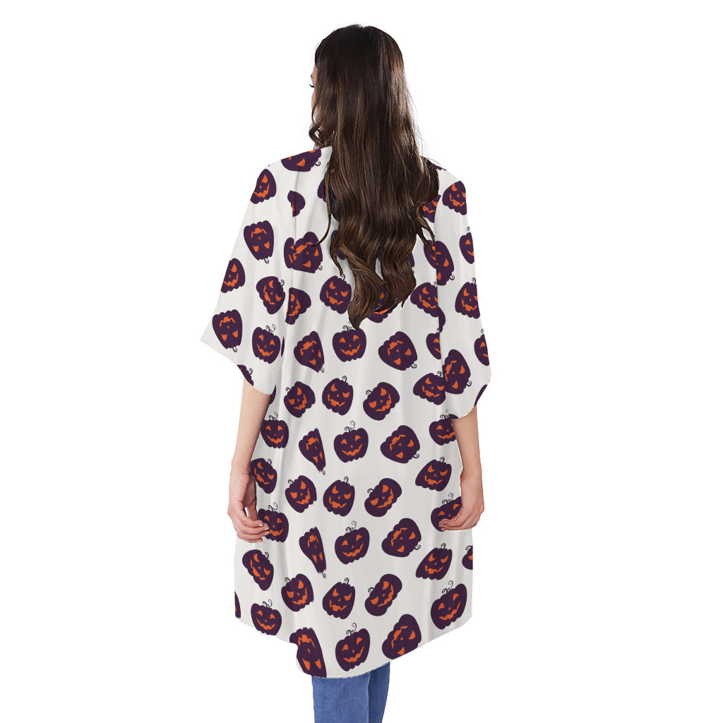 Purple Halloween Pumpkin Pattern Print Open Front Beach Cover Up