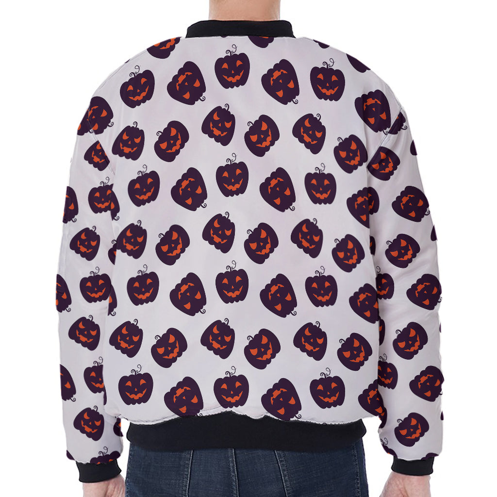 Purple Halloween Pumpkin Pattern Print Zip Sleeve Bomber Jacket