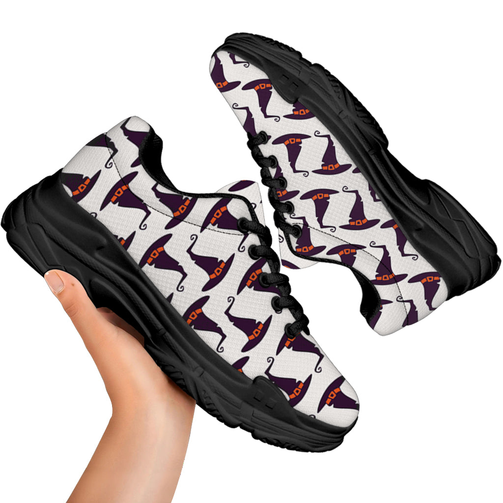 Purple Halloween Witch Hat Pattern Print Black Chunky Shoes