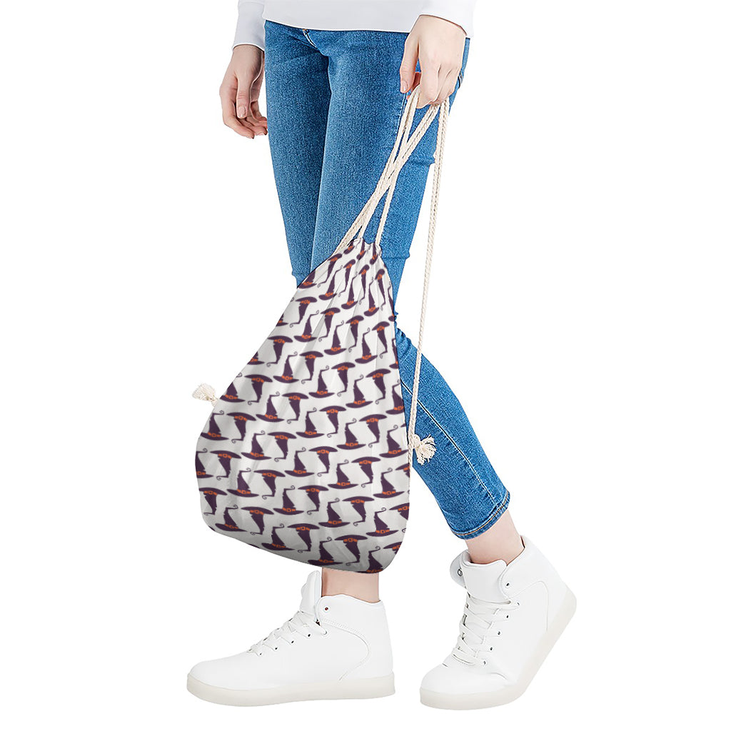 Purple Halloween Witch Hat Pattern Print Drawstring Bag