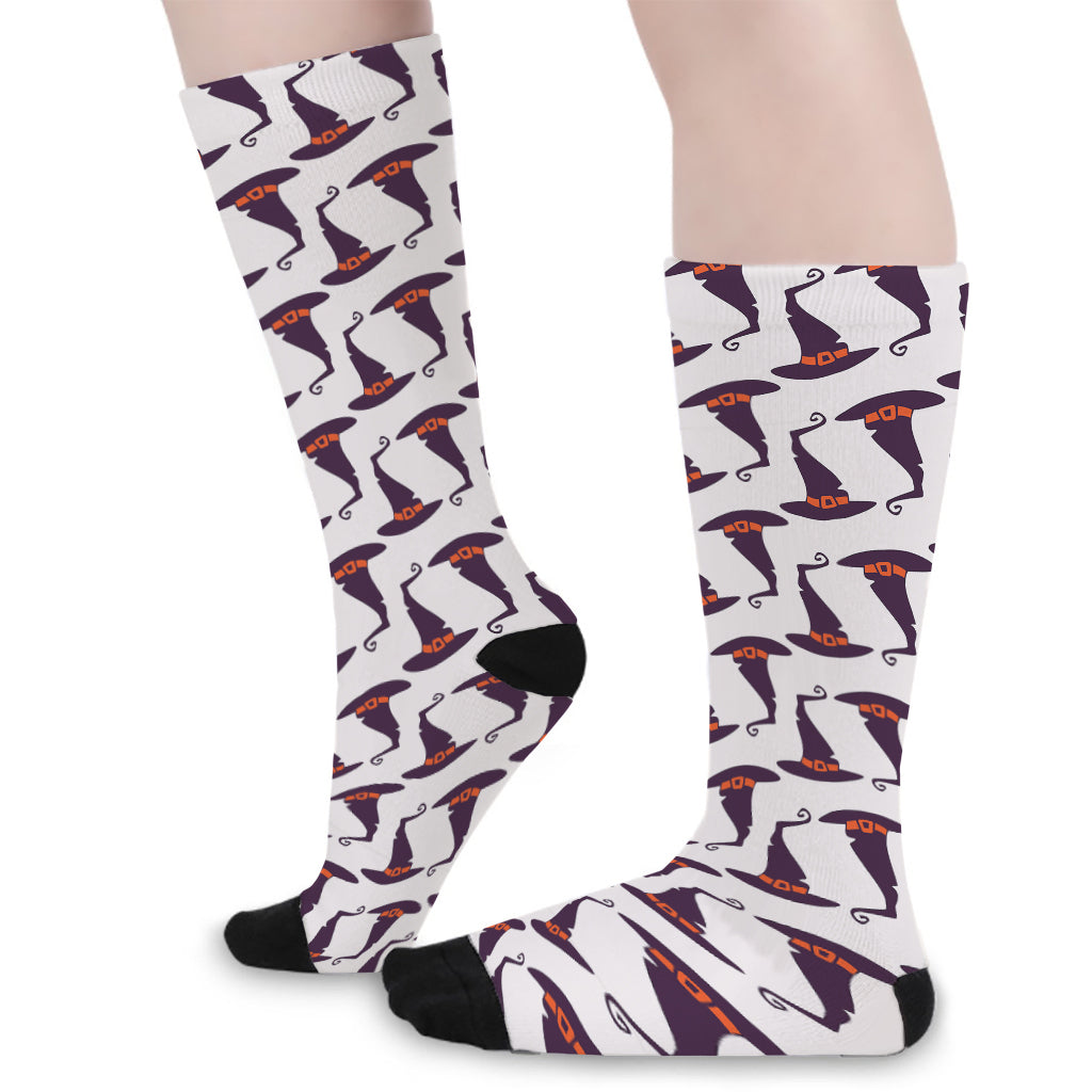 Purple Halloween Witch Hat Pattern Print Long Socks