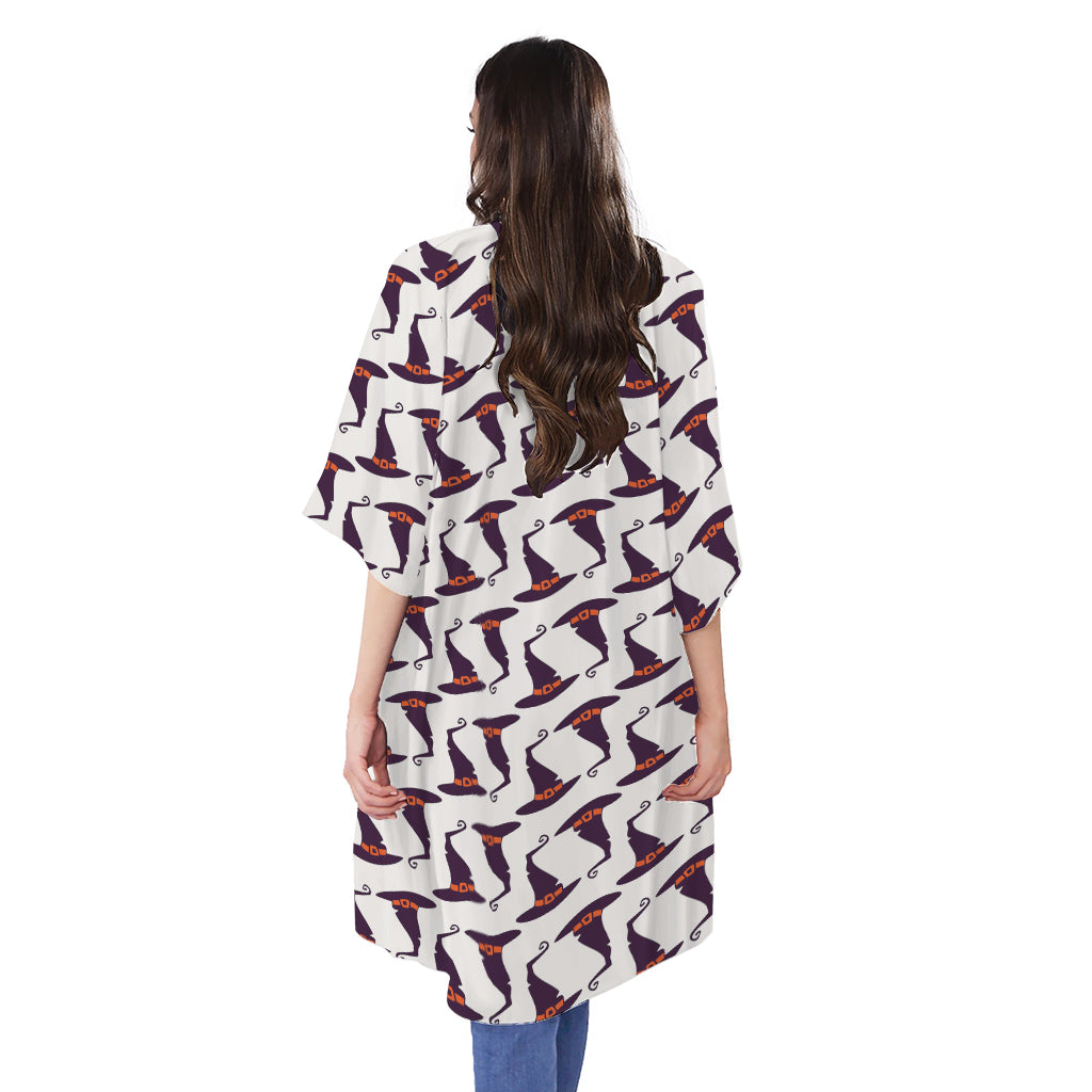 Purple Halloween Witch Hat Pattern Print Open Front Beach Cover Up