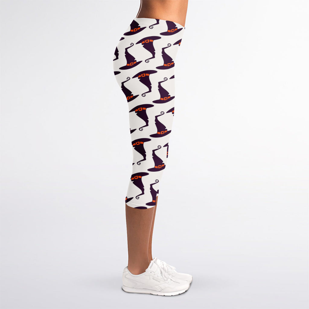 Purple Halloween Witch Hat Pattern Print Women's Capri Leggings