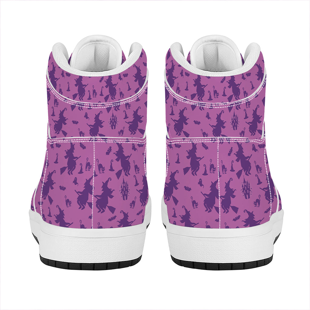 Purple Halloween Witch Pattern Print High Top Leather Sneakers