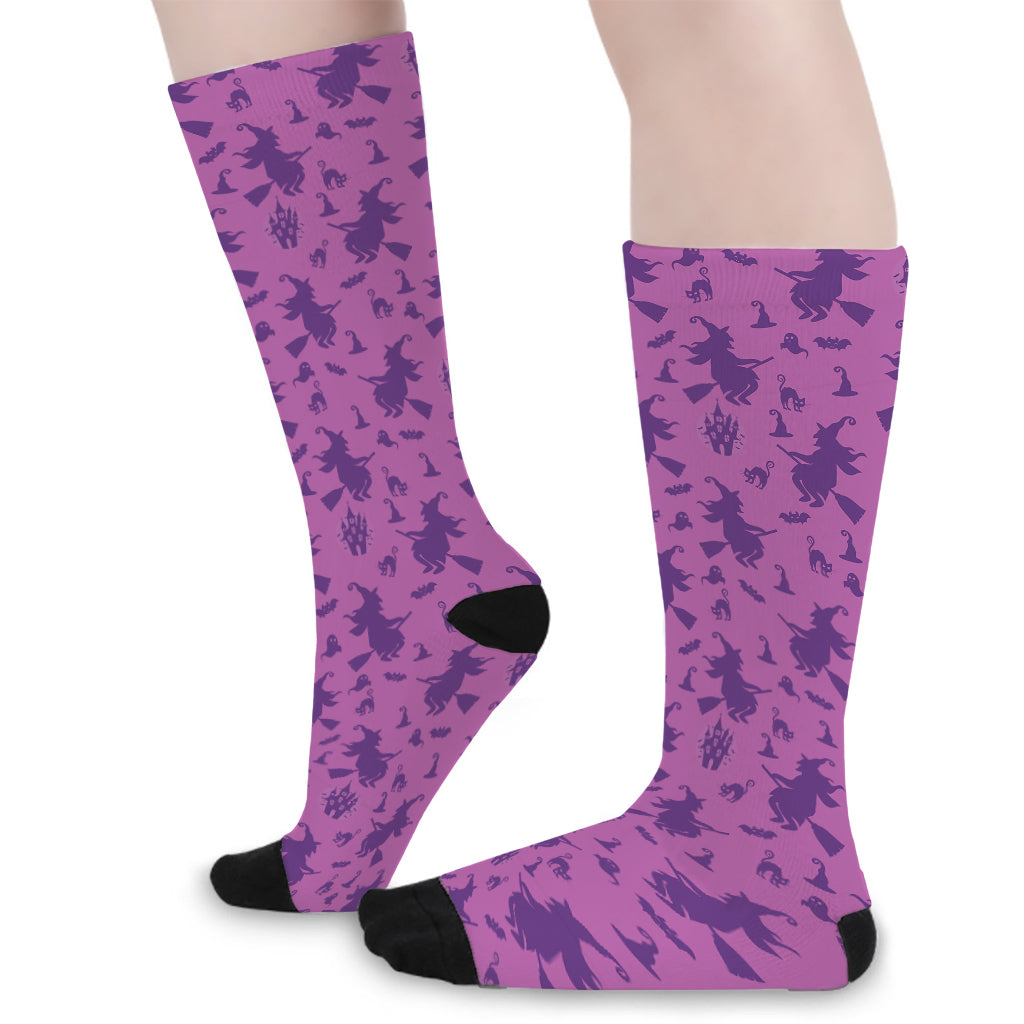 Purple Halloween Witch Pattern Print Long Socks