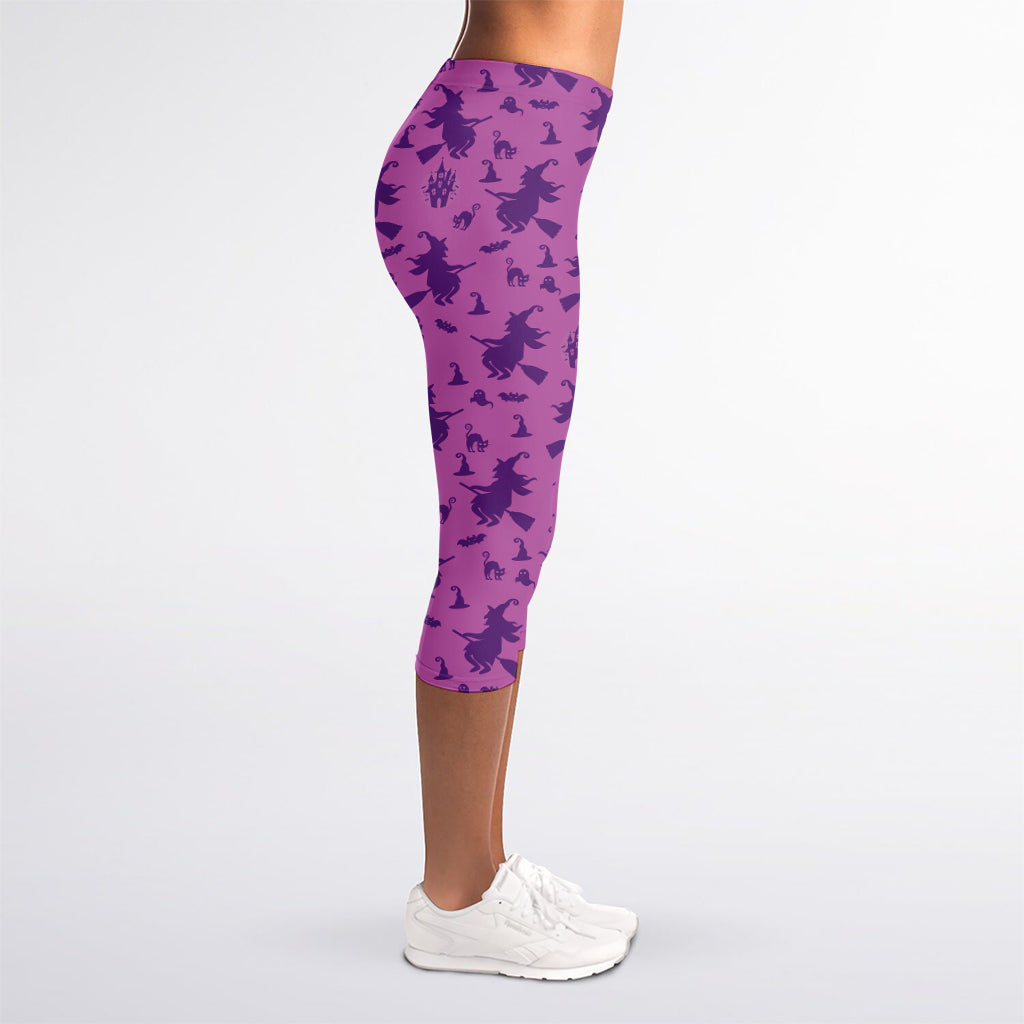 Purple Halloween Witch Pattern Print Women's Capri Leggings