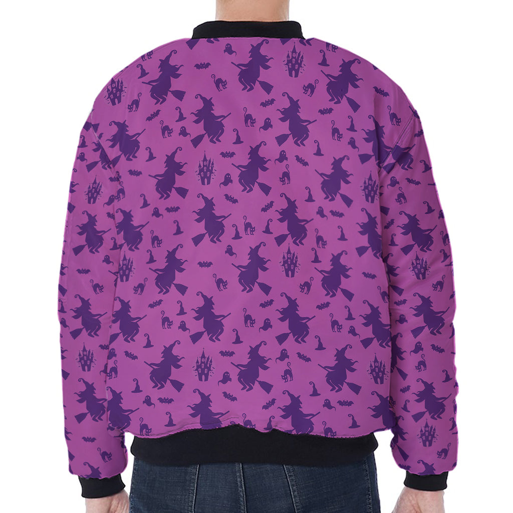 Purple Halloween Witch Pattern Print Zip Sleeve Bomber Jacket