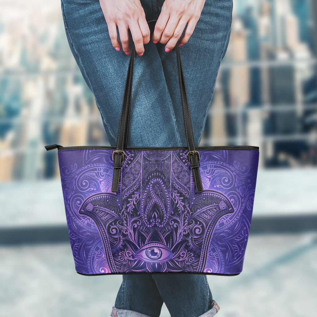 Purple Hamsa Hand Print Leather Tote Bag