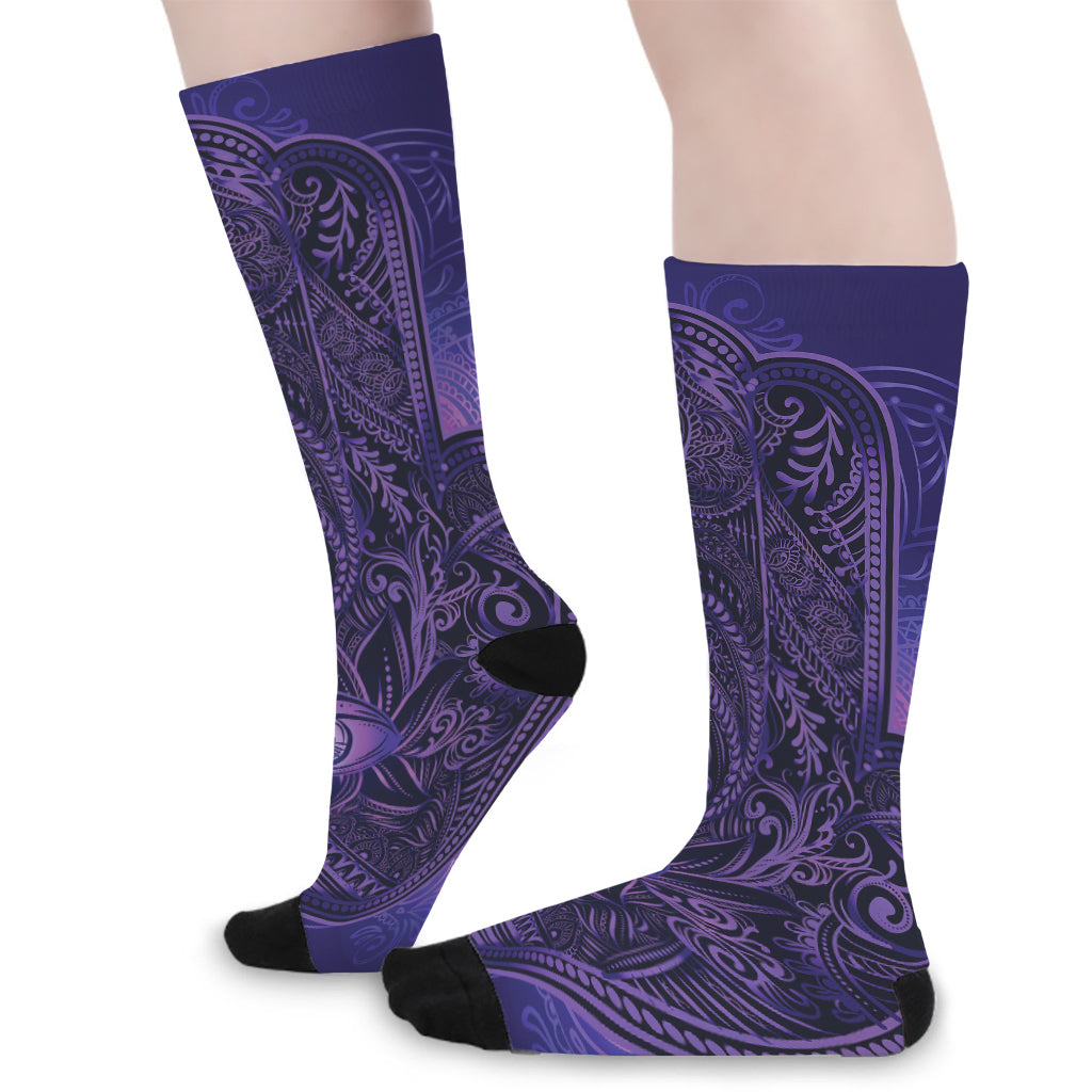 Purple Hamsa Hand Print Long Socks