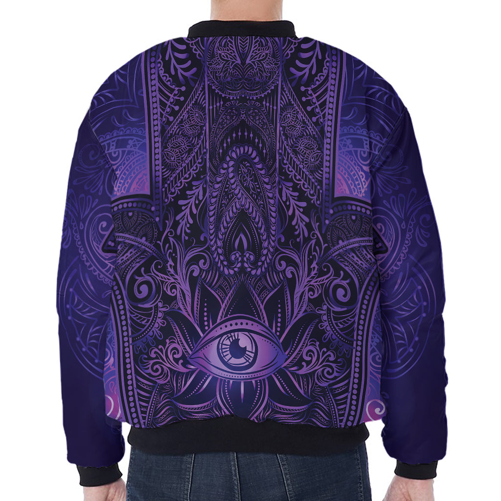 Purple Hamsa Hand Print Zip Sleeve Bomber Jacket
