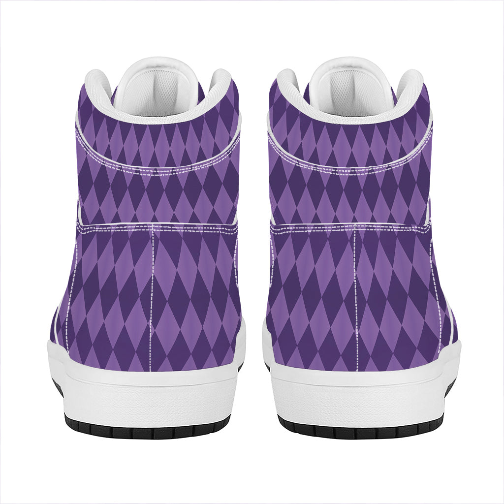 Purple Harlequin Pattern Print High Top Leather Sneakers