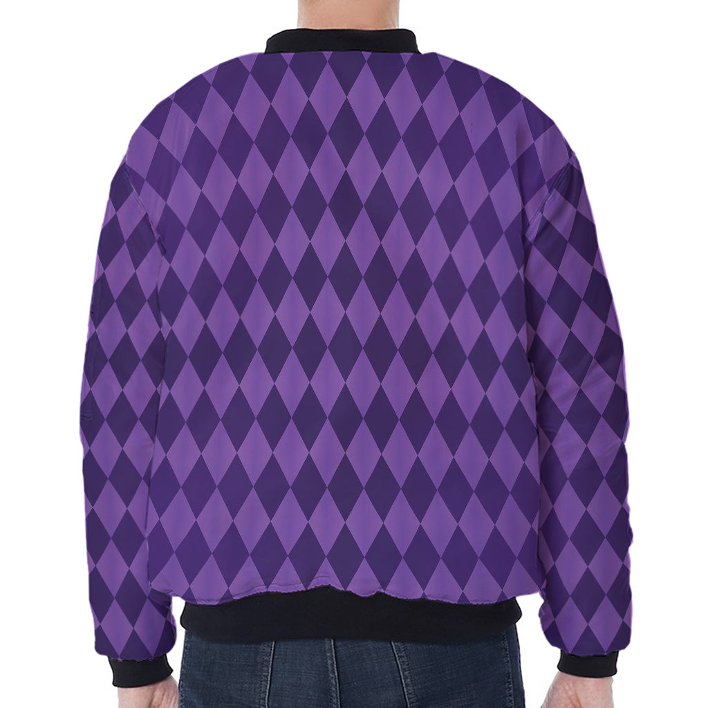 Purple Harlequin Pattern Print Zip Sleeve Bomber Jacket