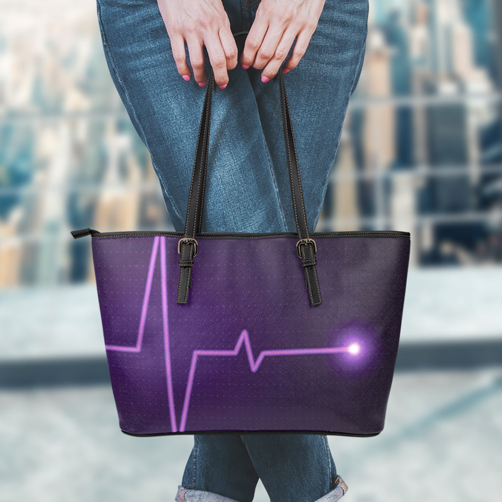 Purple Heartbeat Print Leather Tote Bag