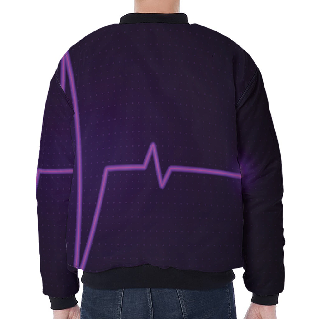 Purple Heartbeat Print Zip Sleeve Bomber Jacket