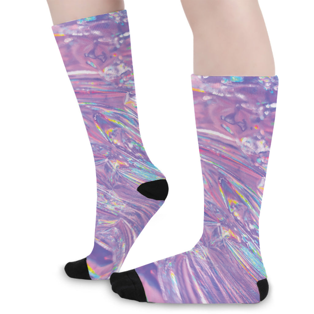 Purple Holographic Print Long Socks