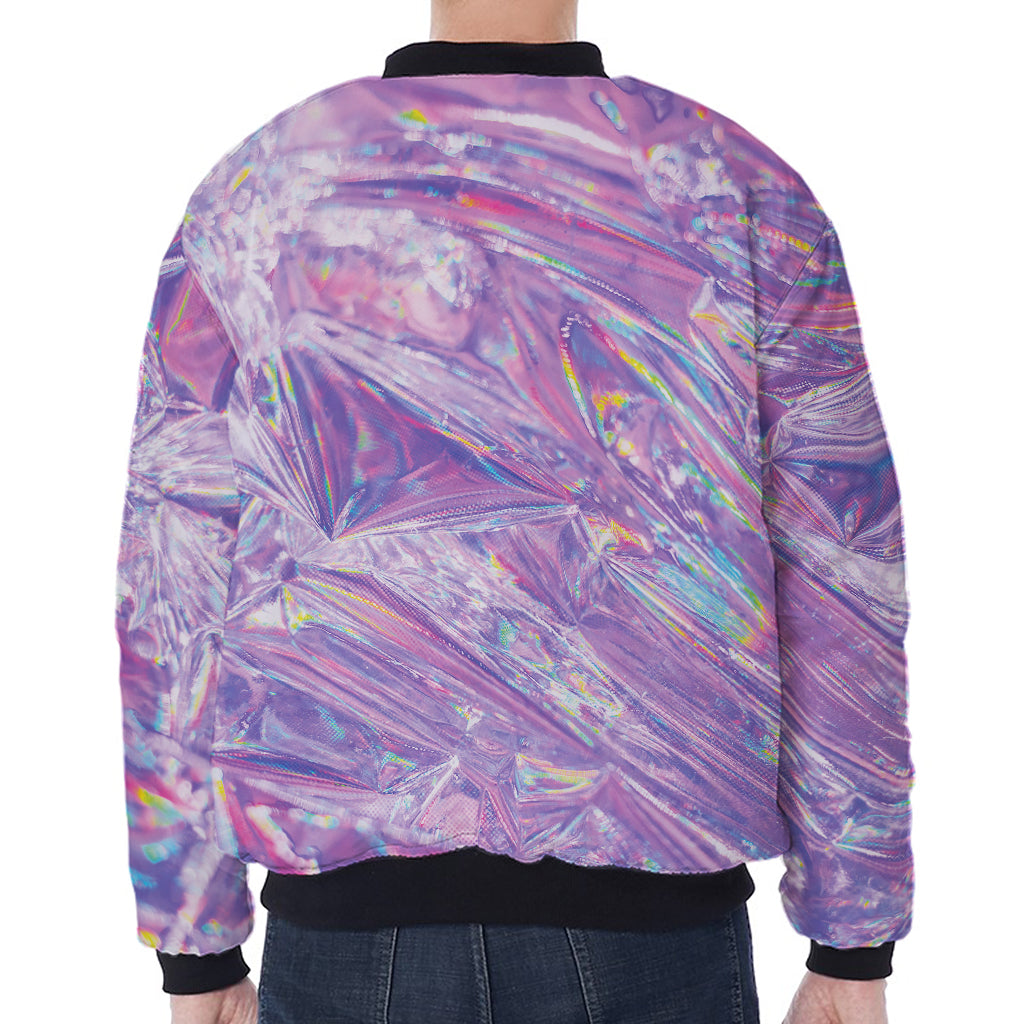 Purple Holographic Print Zip Sleeve Bomber Jacket