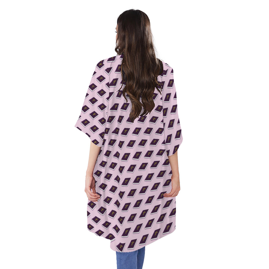 Purple Holy Bible Pattern Print Open Front Beach Cover Up