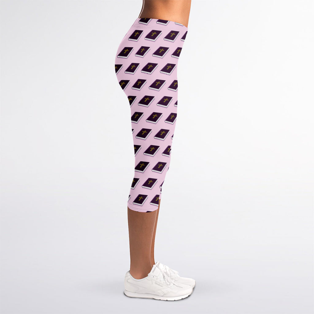 Purple Holy Bible Pattern Print Women's Capri Leggings