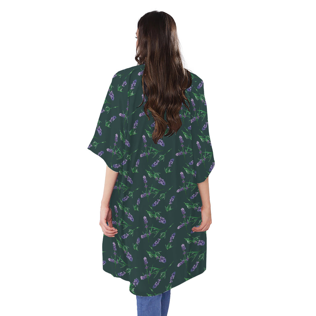 Purple Lavender Pattern Print Open Front Beach Cover Up