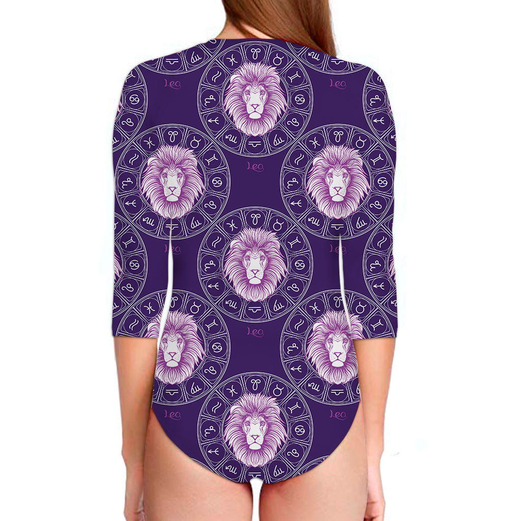 Purple Leo Zodiac Pattern Print Long Sleeve Swimsuit