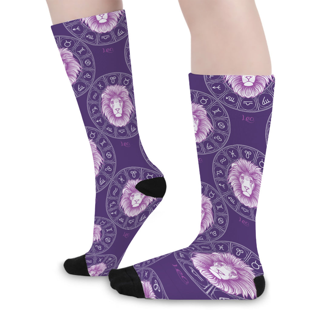 Purple Leo Zodiac Pattern Print Long Socks