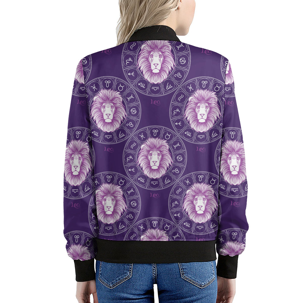 Purple Leo Zodiac Pattern Print Women's Bomber Jacket