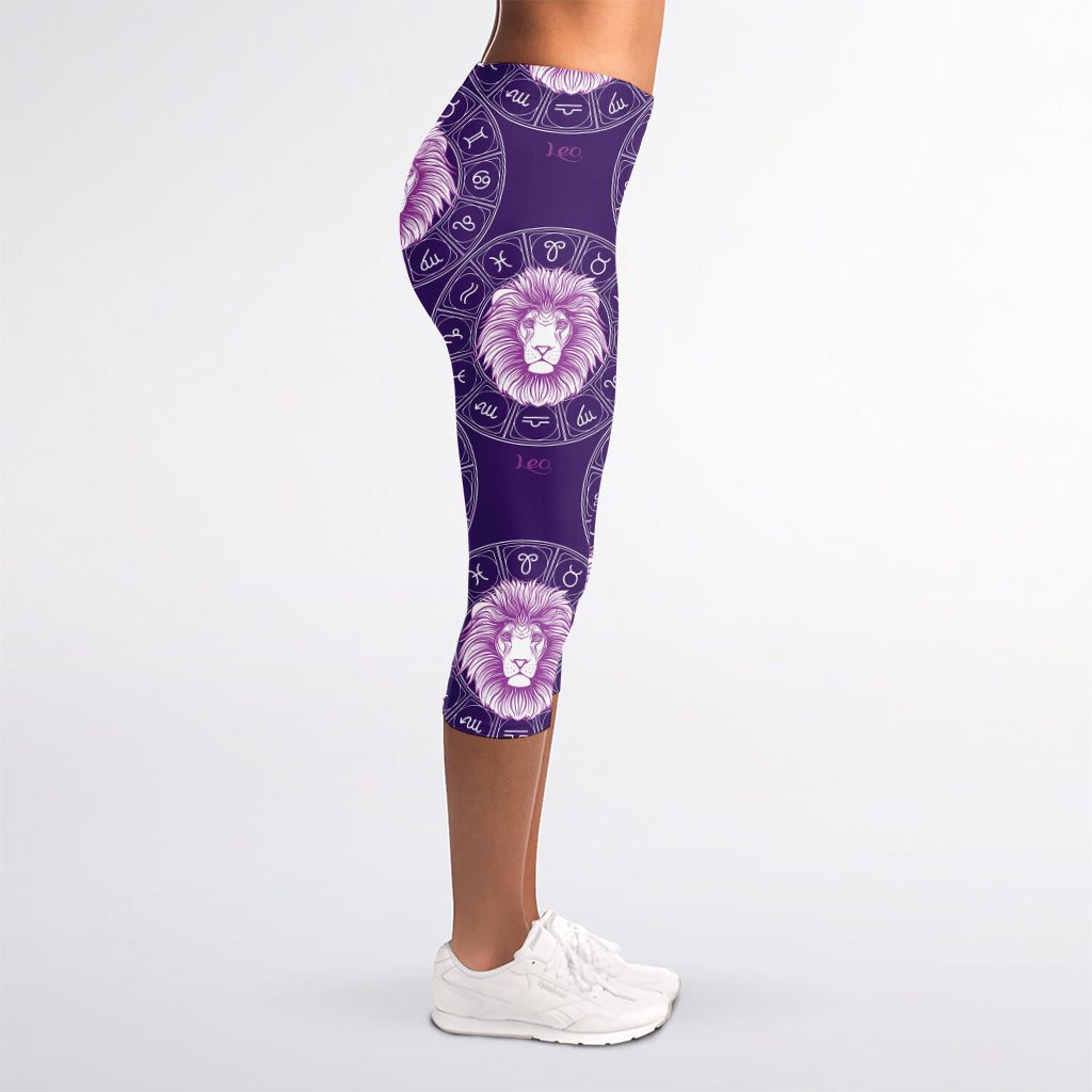 Purple Leo Zodiac Pattern Print Women's Capri Leggings