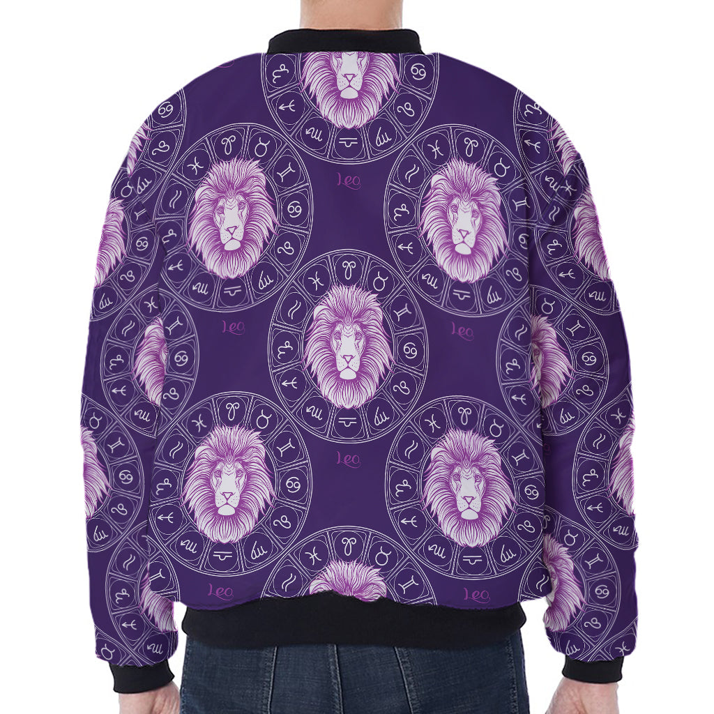 Purple Leo Zodiac Pattern Print Zip Sleeve Bomber Jacket