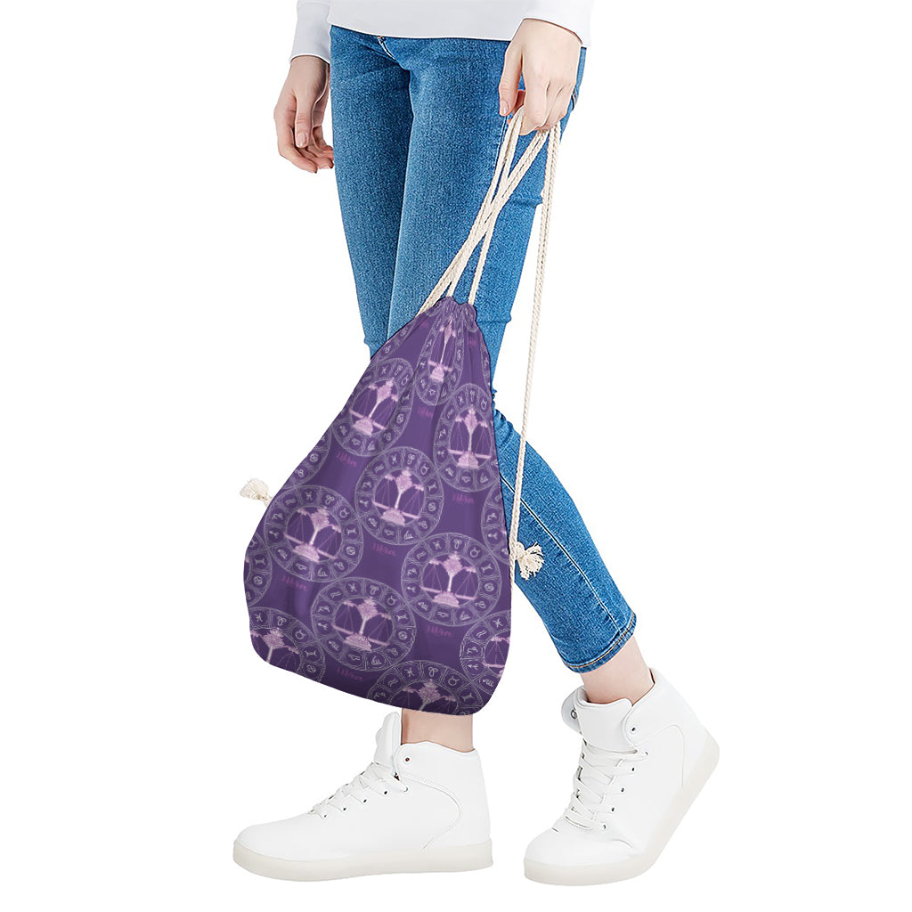 Purple Libra Zodiac Pattern Print Drawstring Bag