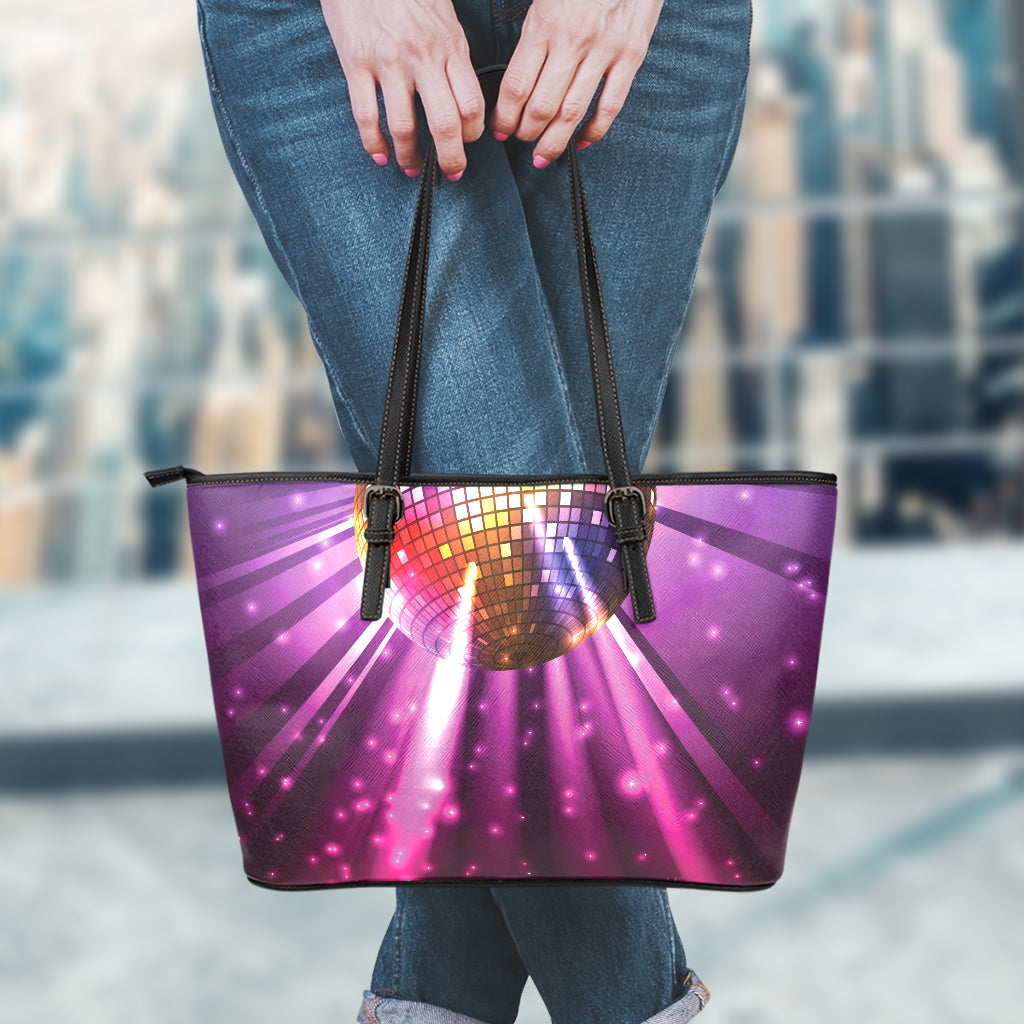 Purple Light Disco Ball Print Leather Tote Bag