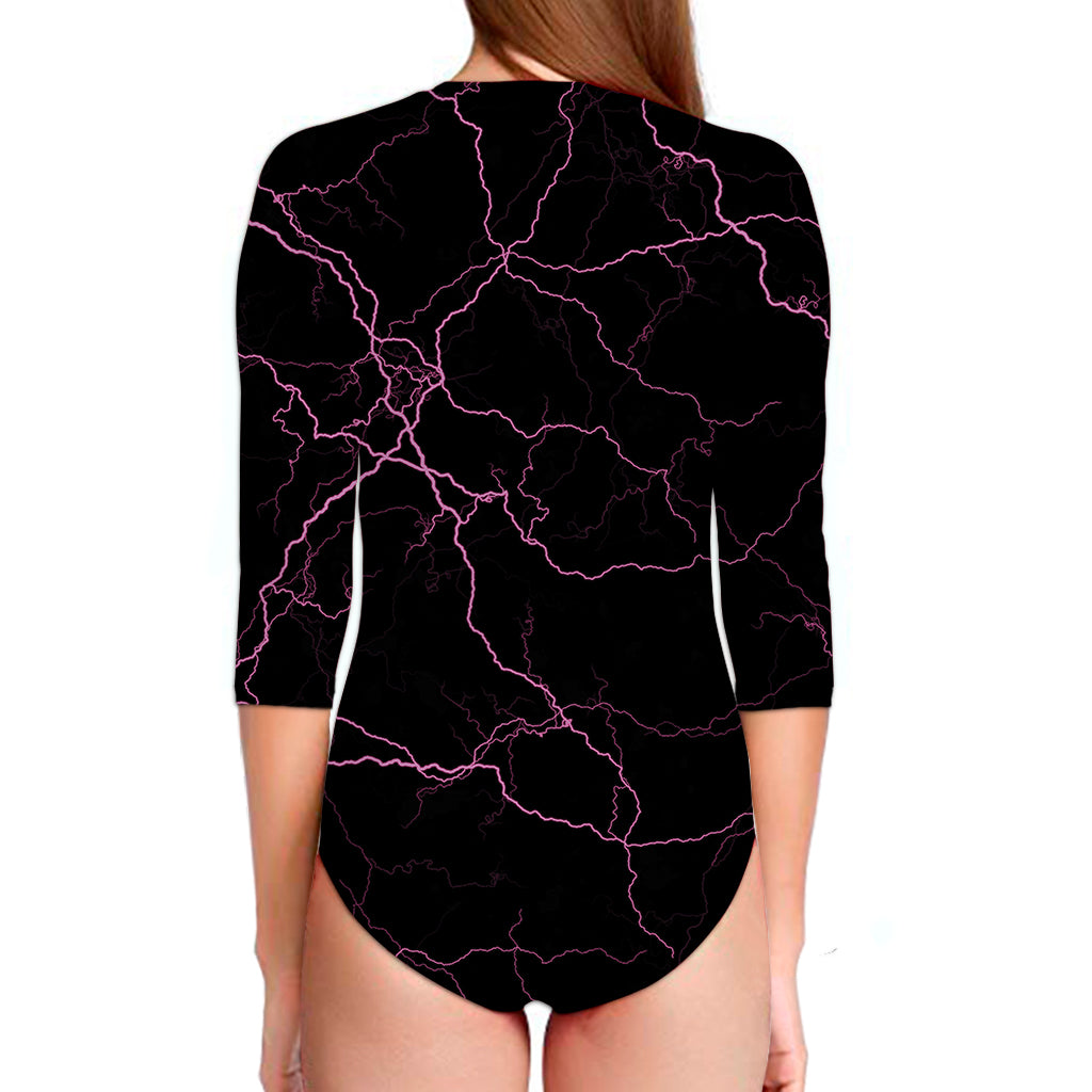 Purple Lightning Print Long Sleeve Swimsuit