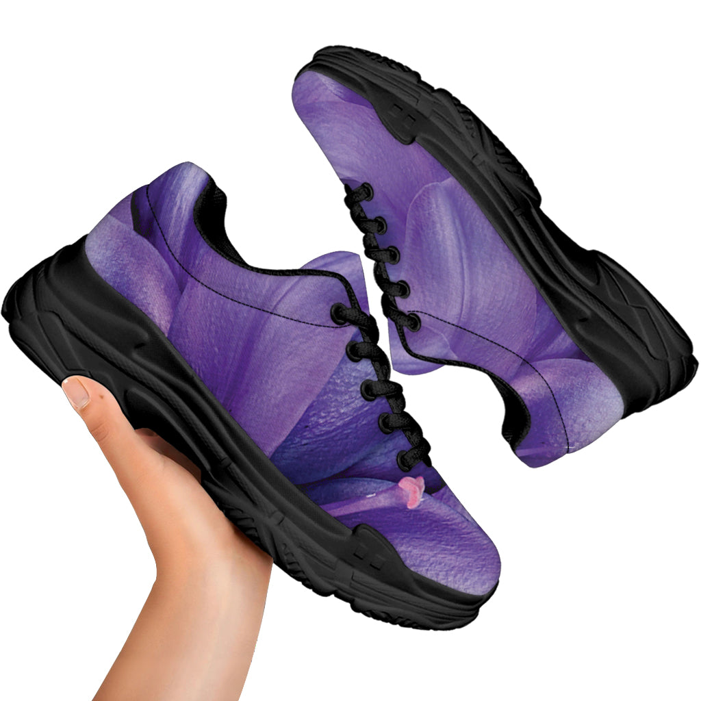 Purple Lily Flower Print Black Chunky Shoes
