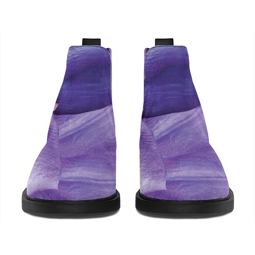 Purple Lily Flower Print Flat Ankle Boots