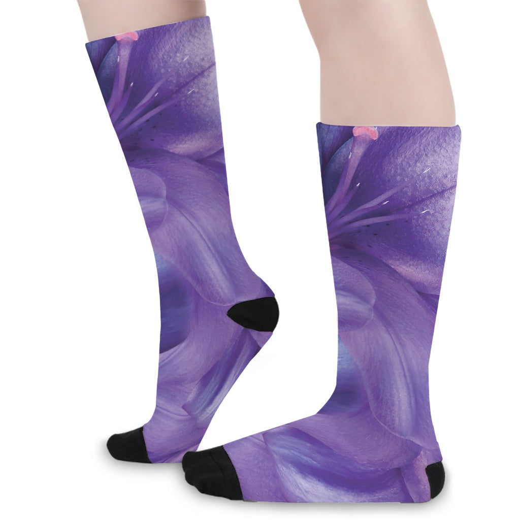 Purple Lily Flower Print Long Socks