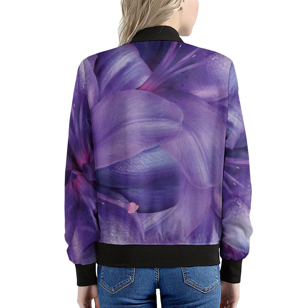 Purple Lily Flower Print Women's Bomber Jacket