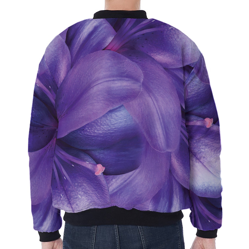 Purple Lily Flower Print Zip Sleeve Bomber Jacket